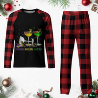 Funny Mardi Gras Drinking Plaid Pajama Set Drink Drank Drunk Glass Of Wine Alligators