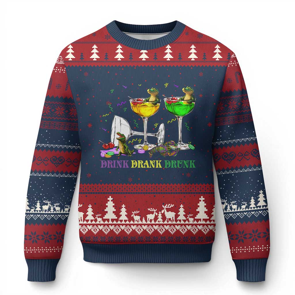 Funny Mardi Gras Drinking Ugly Christmas Sweater Drink Drank Drunk Glass Of Wine Alligators