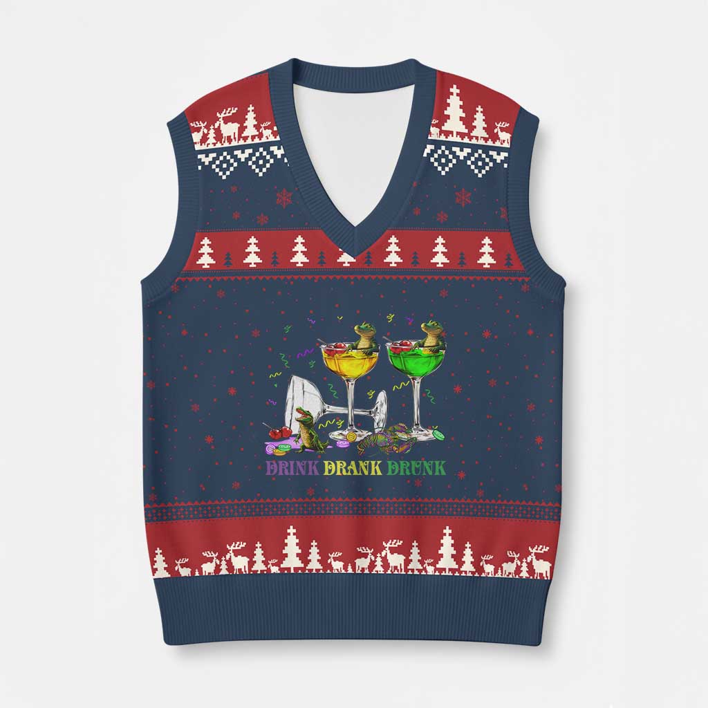 Funny Mardi Gras Drinking V-Neck Knit Sweater Vest Drink Drank Drunk Glass Of Wine Alligators