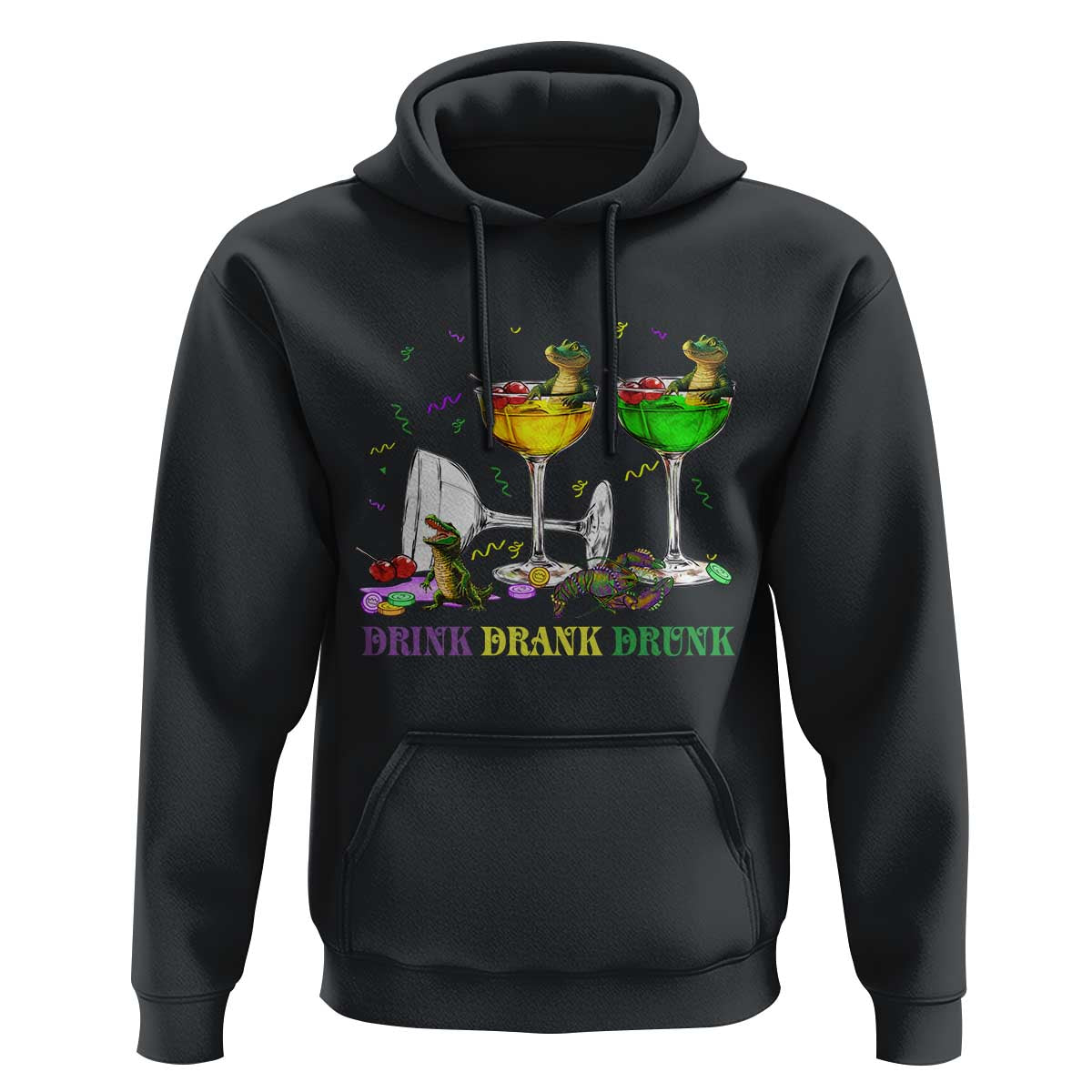 Funny Mardi Gras Drinking Hoodie Drink Drank Drunk Glass Of Wine Alligators