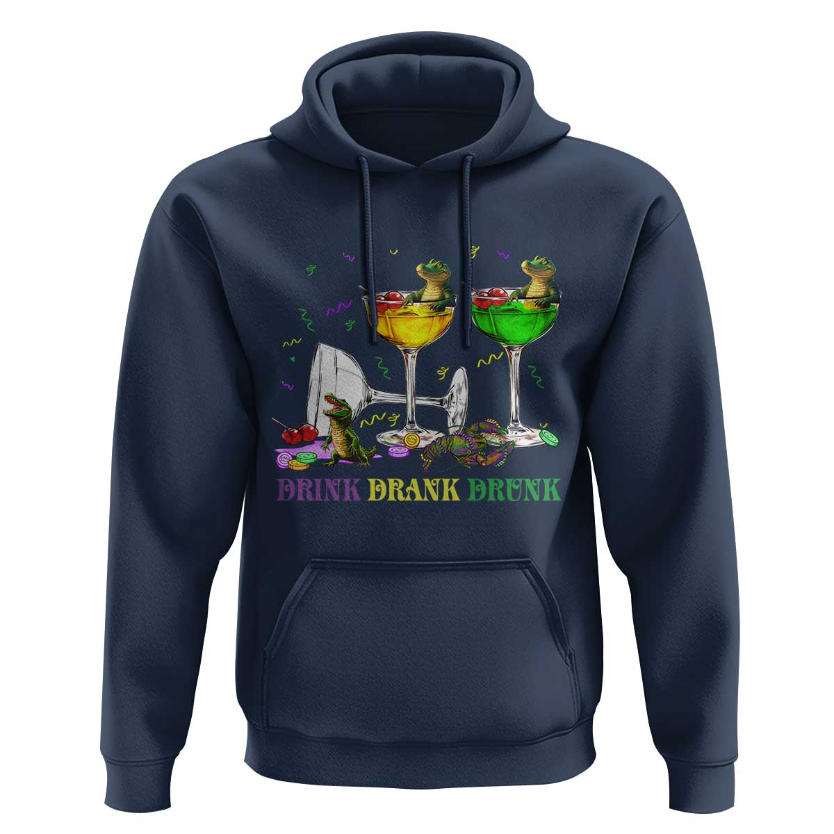 Funny Mardi Gras Drinking Hoodie Drink Drank Drunk Glass Of Wine Alligators