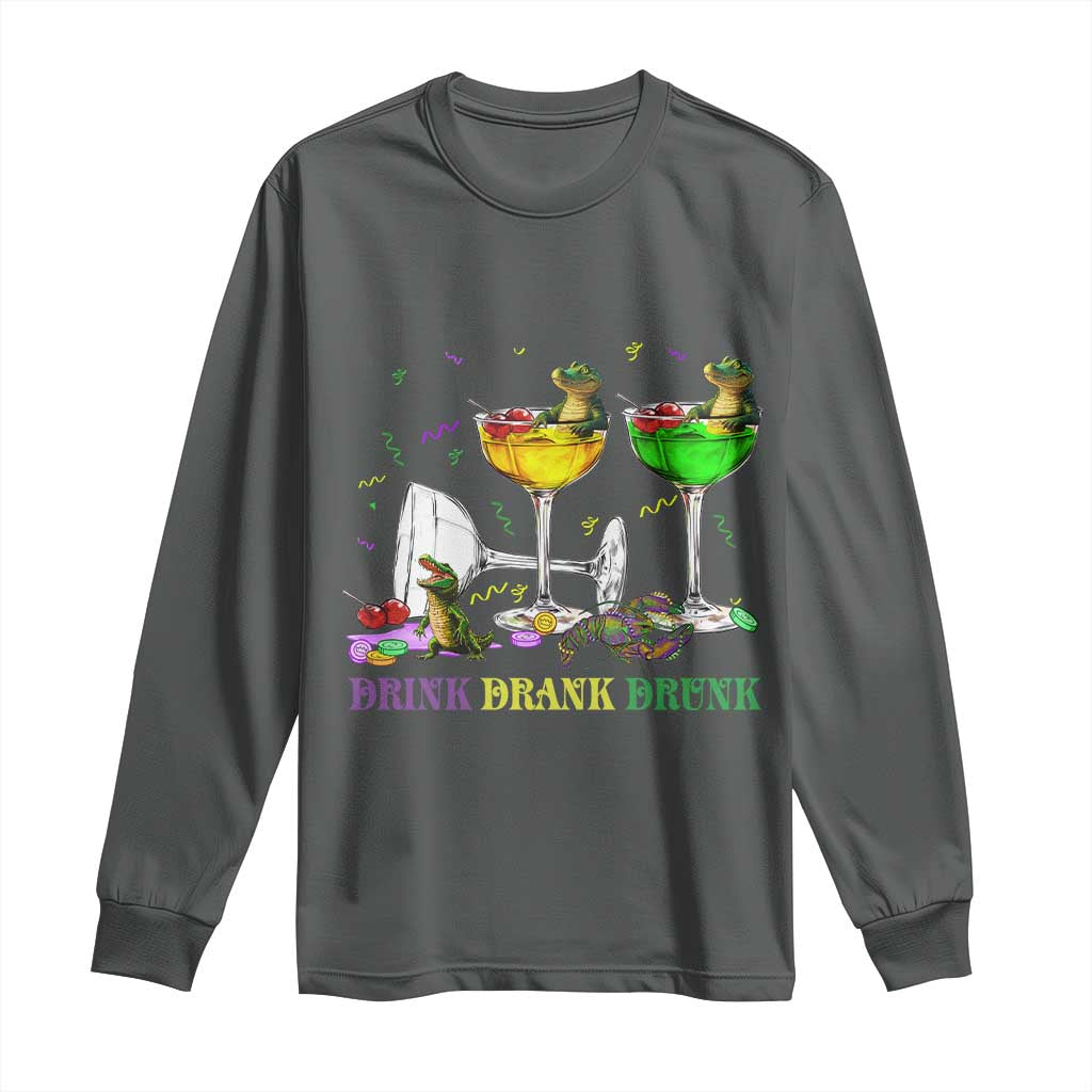 Funny Mardi Gras Drinking Long Sleeve Shirt Drink Drank Drunk Glass Of Wine Alligators