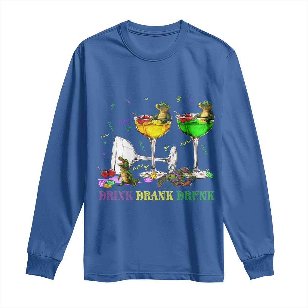 Funny Mardi Gras Drinking Long Sleeve Shirt Drink Drank Drunk Glass Of Wine Alligators