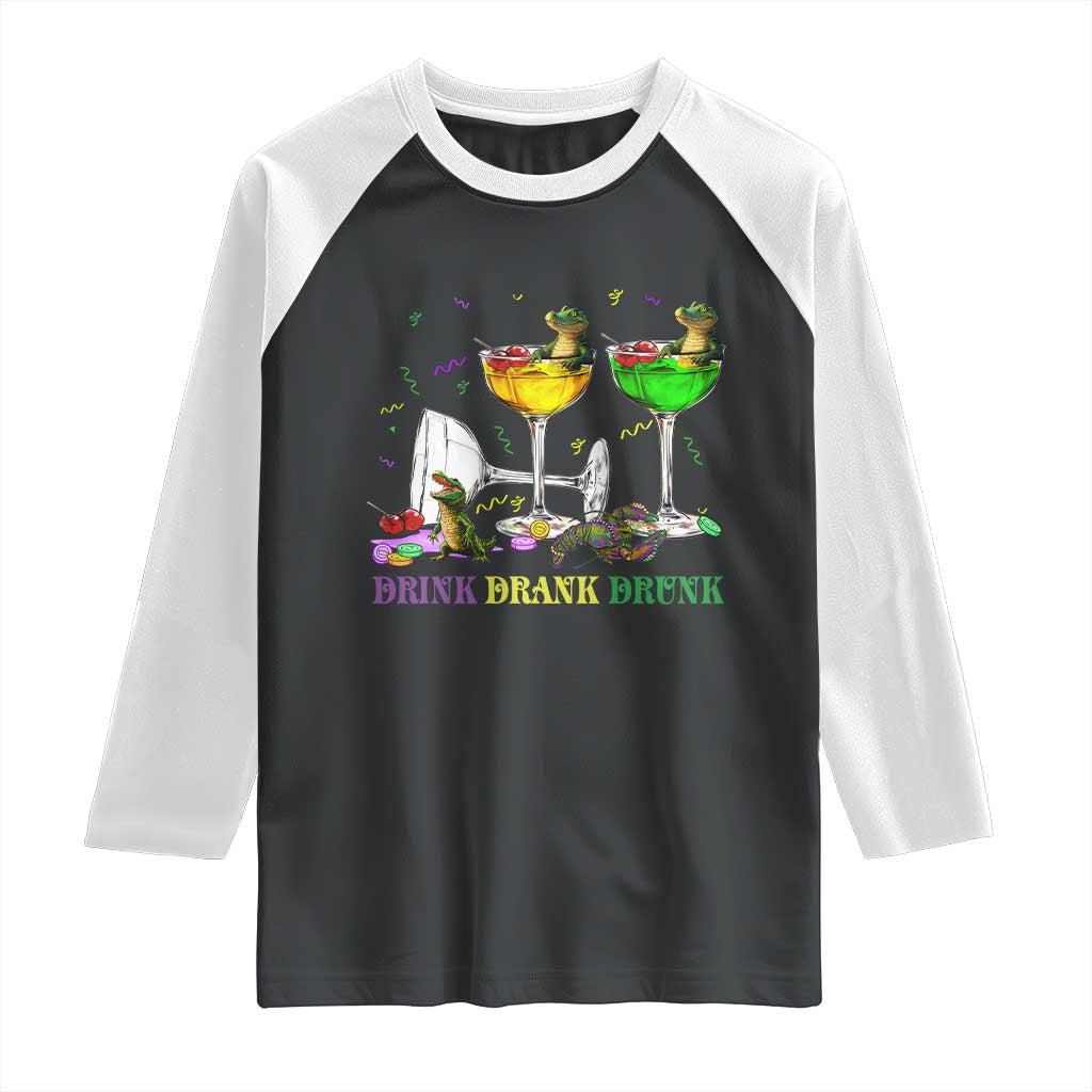Funny Mardi Gras Drinking Raglan Shirt Drink Drank Drunk Glass Of Wine Alligators