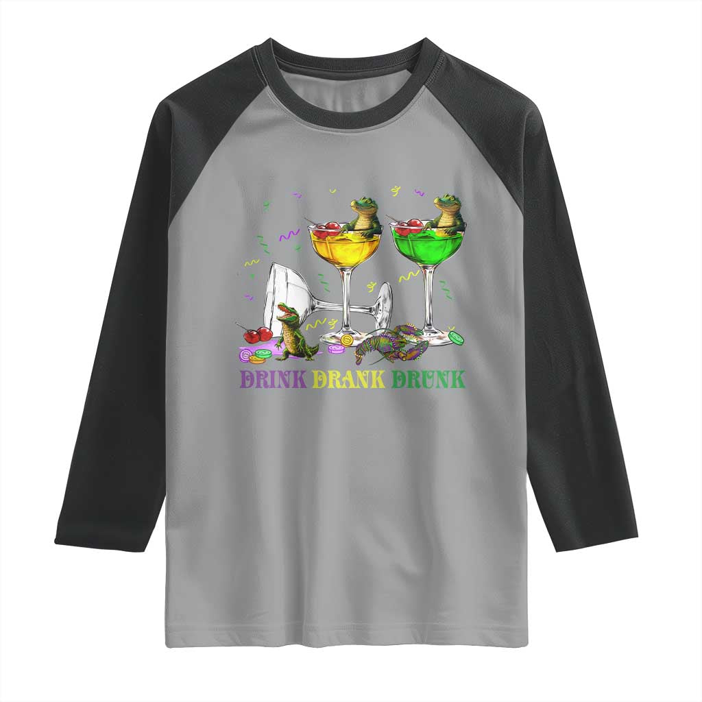 Funny Mardi Gras Drinking Raglan Shirt Drink Drank Drunk Glass Of Wine Alligators