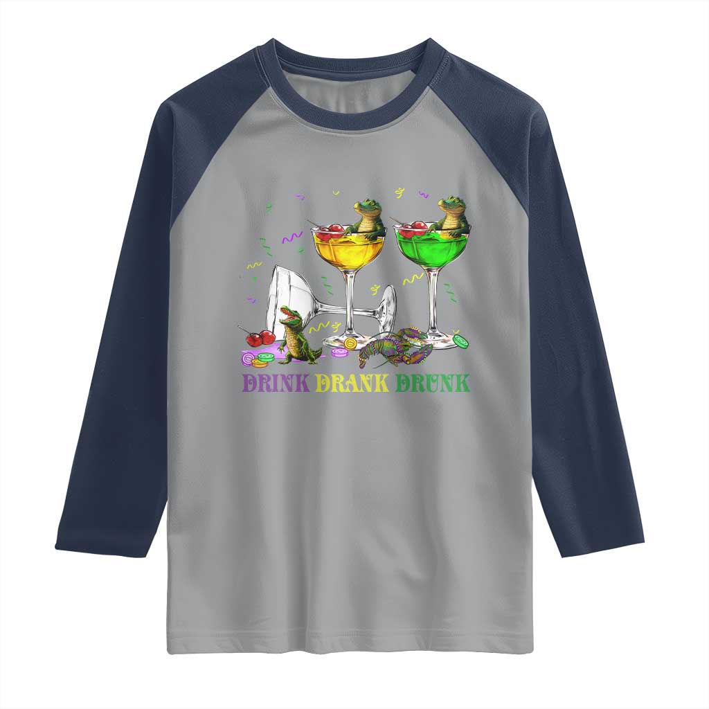 Funny Mardi Gras Drinking Raglan Shirt Drink Drank Drunk Glass Of Wine Alligators