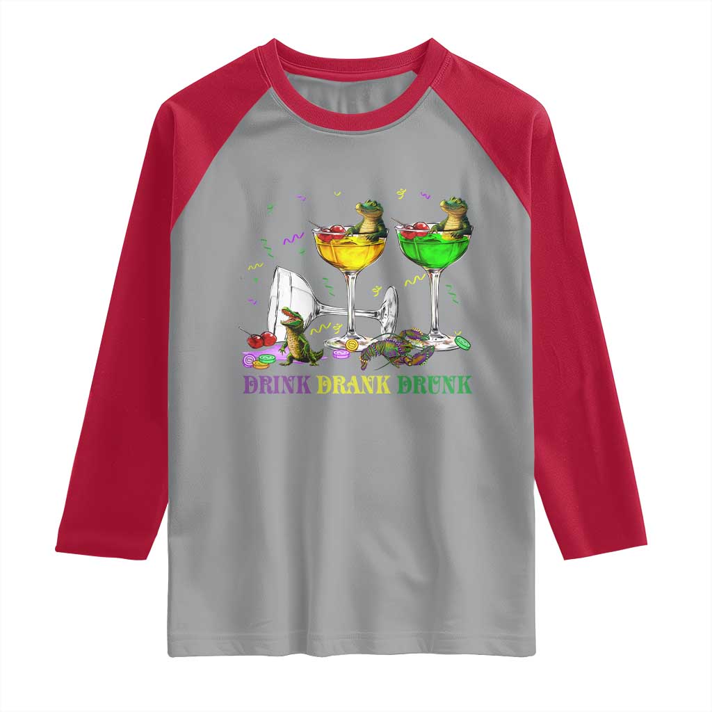 Funny Mardi Gras Drinking Raglan Shirt Drink Drank Drunk Glass Of Wine Alligators