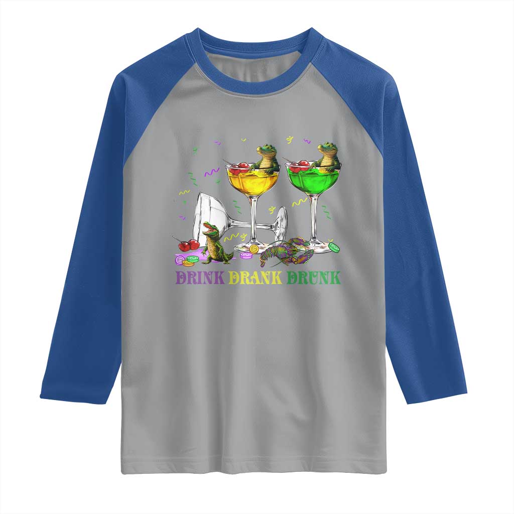 Funny Mardi Gras Drinking Raglan Shirt Drink Drank Drunk Glass Of Wine Alligators