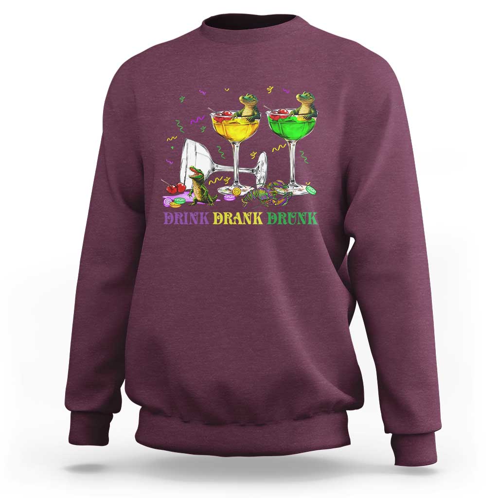 Funny Mardi Gras Drinking Sweatshirt Drink Drank Drunk Glass Of Wine Alligators