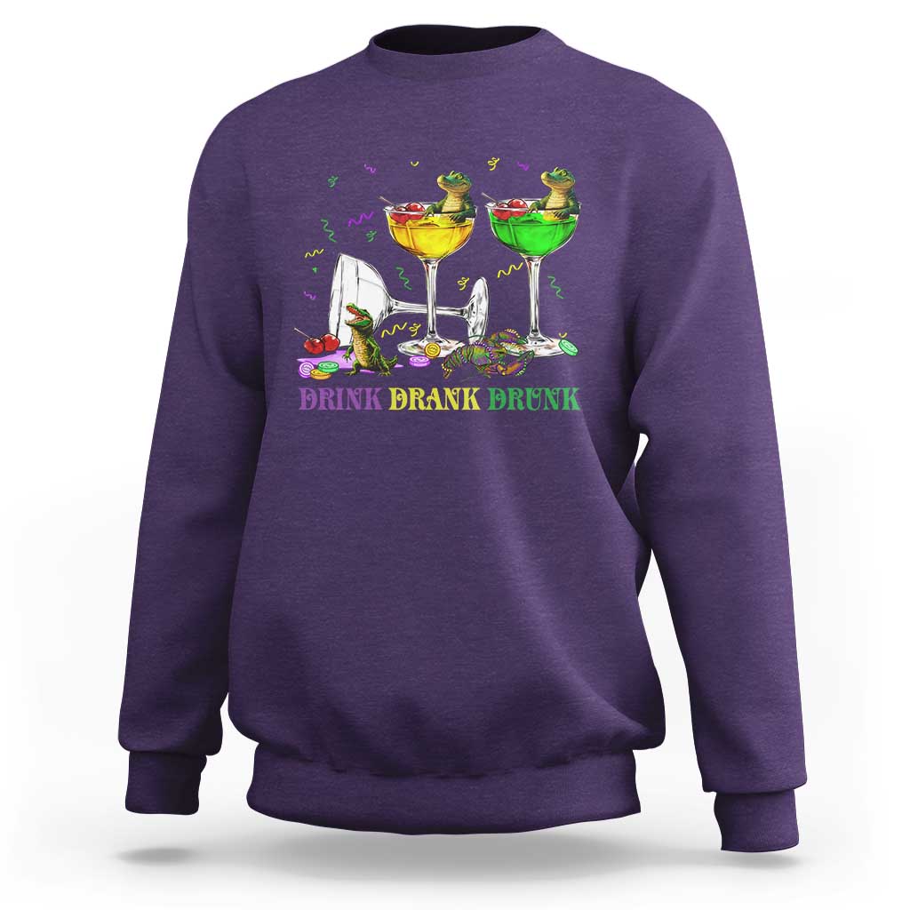 Funny Mardi Gras Drinking Sweatshirt Drink Drank Drunk Glass Of Wine Alligators