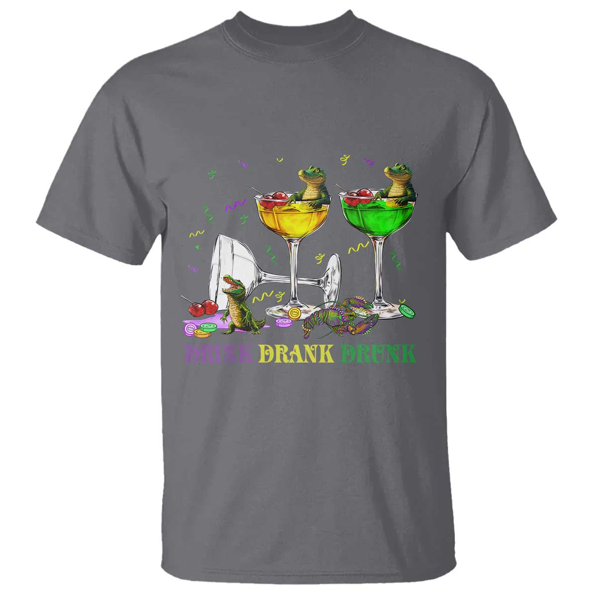 Funny Mardi Gras Drinking T Shirt Drink Drank Drunk Glass Of Wine Alligators