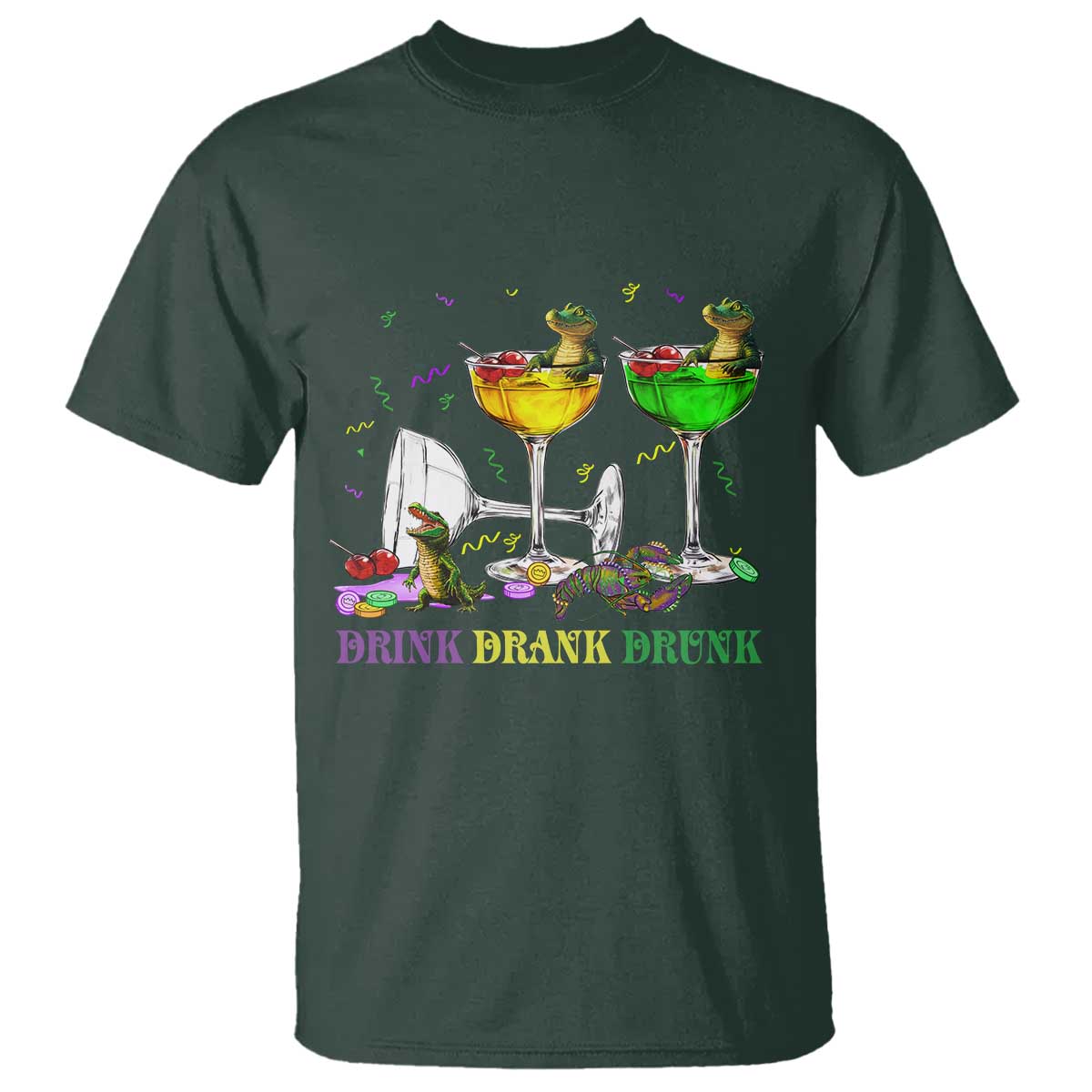Funny Mardi Gras Drinking T Shirt Drink Drank Drunk Glass Of Wine Alligators