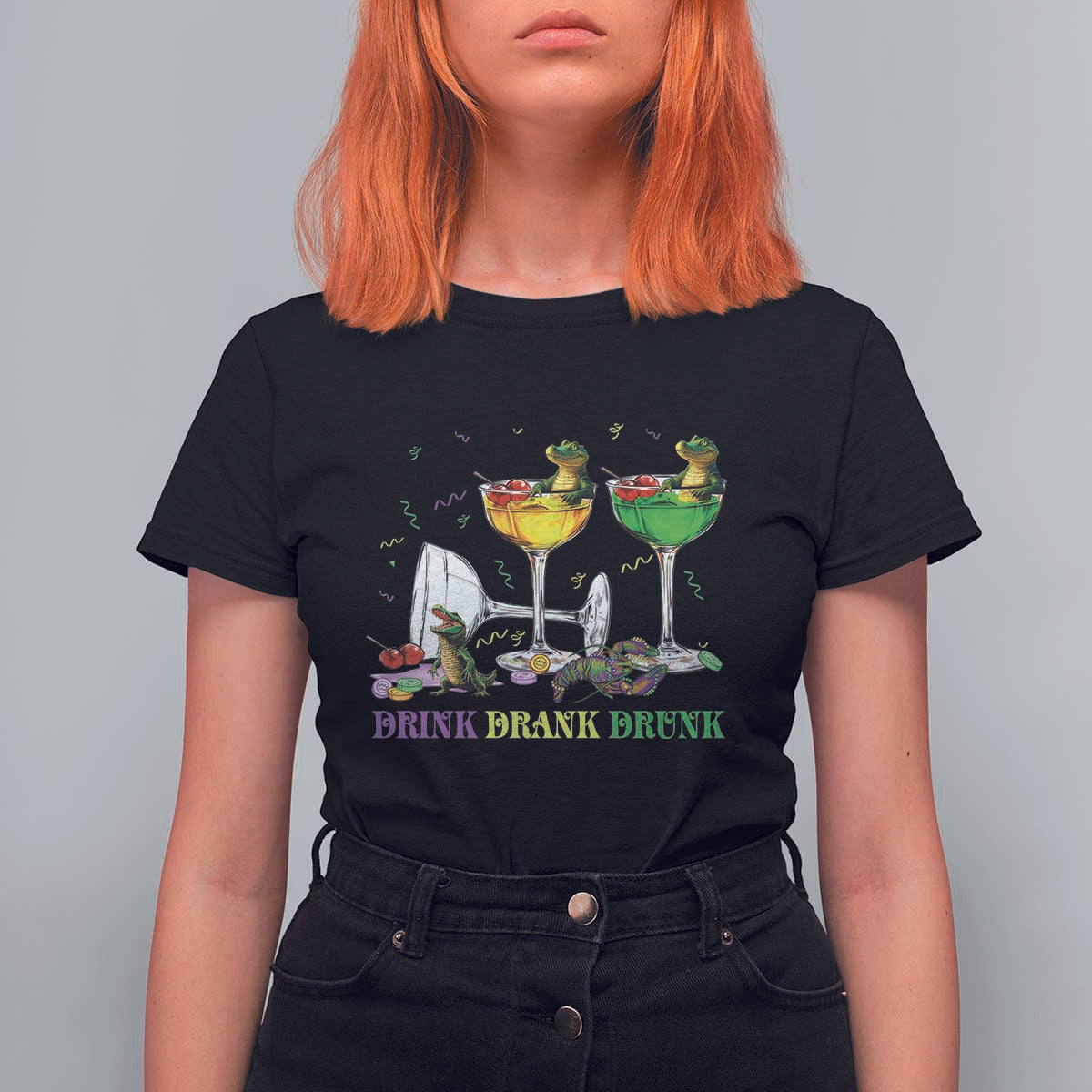 Funny Mardi Gras Drinking T Shirt For Women Drink Drank Drunk Glass Of Wine Alligators