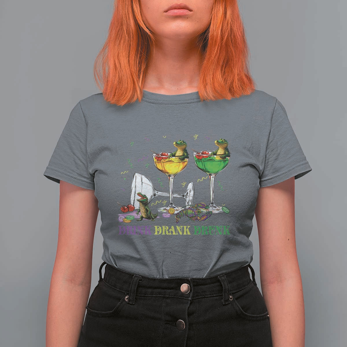 Funny Mardi Gras Drinking T Shirt For Women Drink Drank Drunk Glass Of Wine Alligators