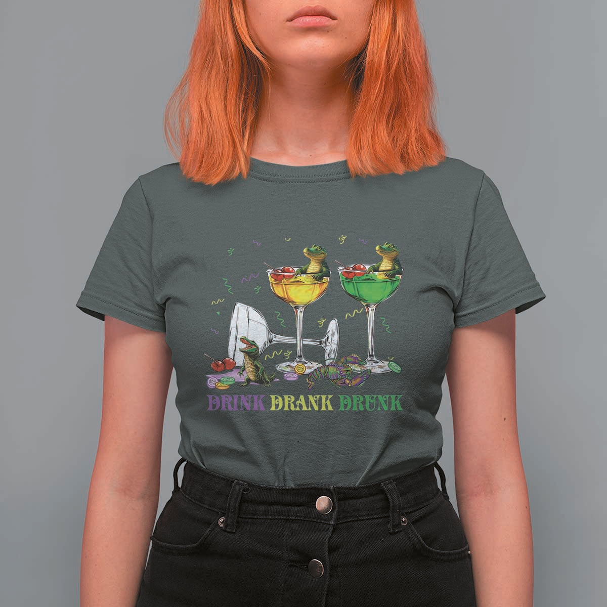 Funny Mardi Gras Drinking T Shirt For Women Drink Drank Drunk Glass Of Wine Alligators
