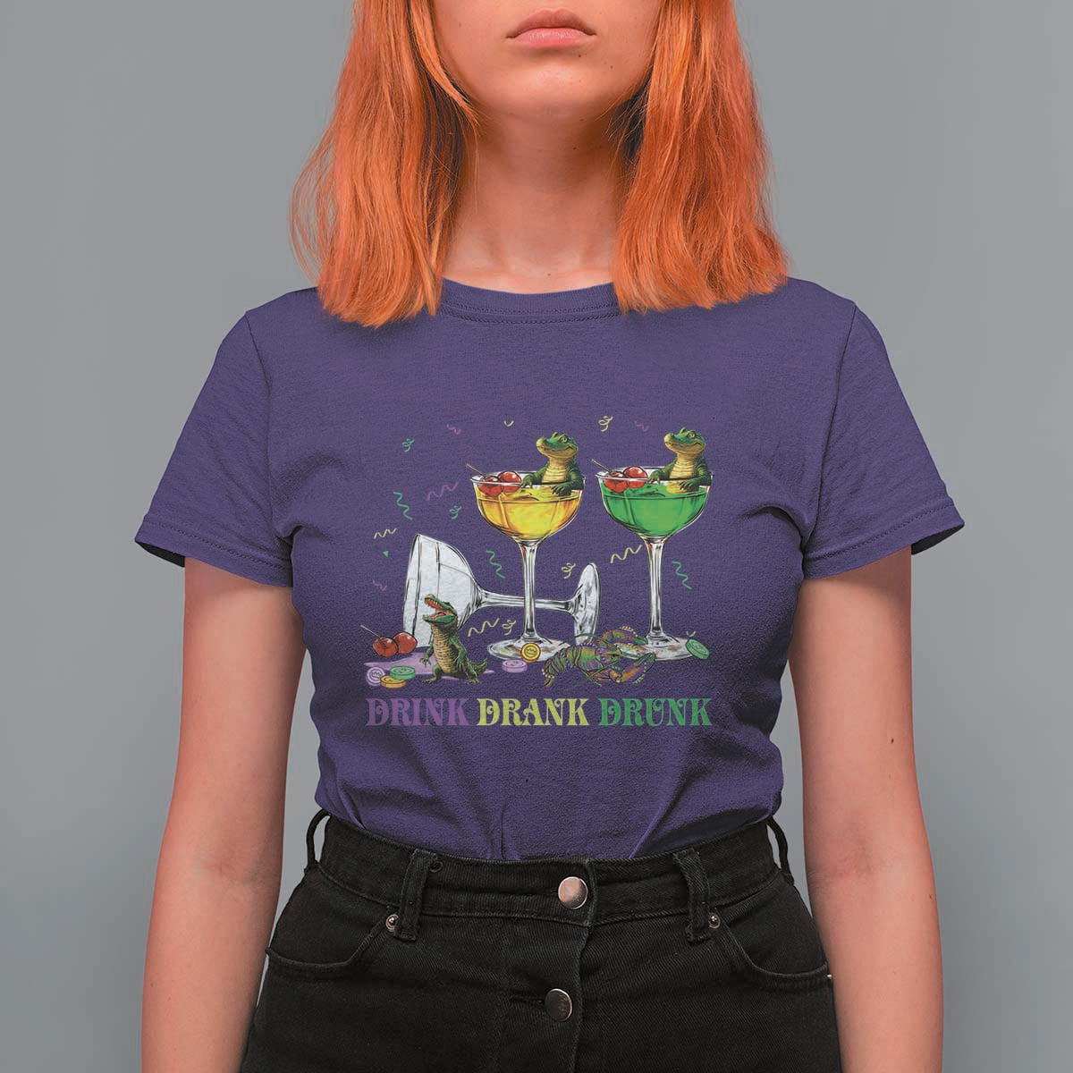 Funny Mardi Gras Drinking T Shirt For Women Drink Drank Drunk Glass Of Wine Alligators