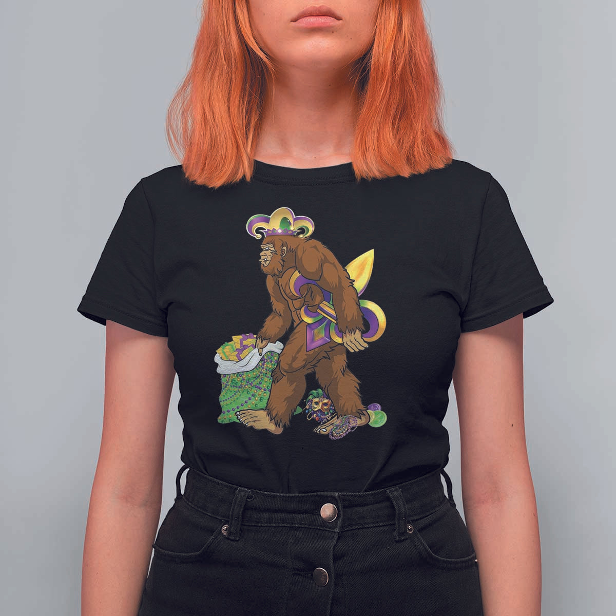 Funny Bigfoot Carnival Mardi Gras Party T Shirt For Women