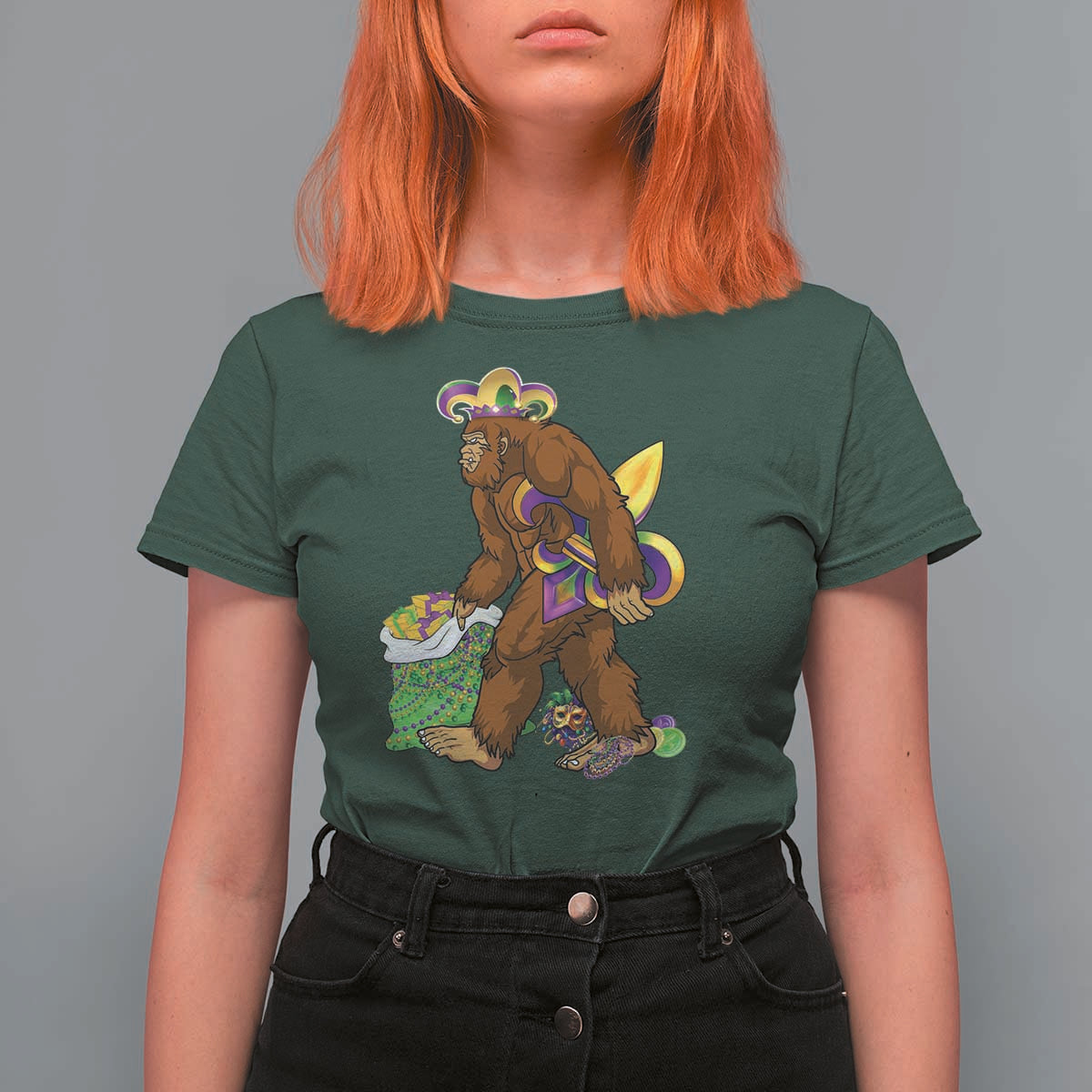 Funny Bigfoot Carnival Mardi Gras Party T Shirt For Women