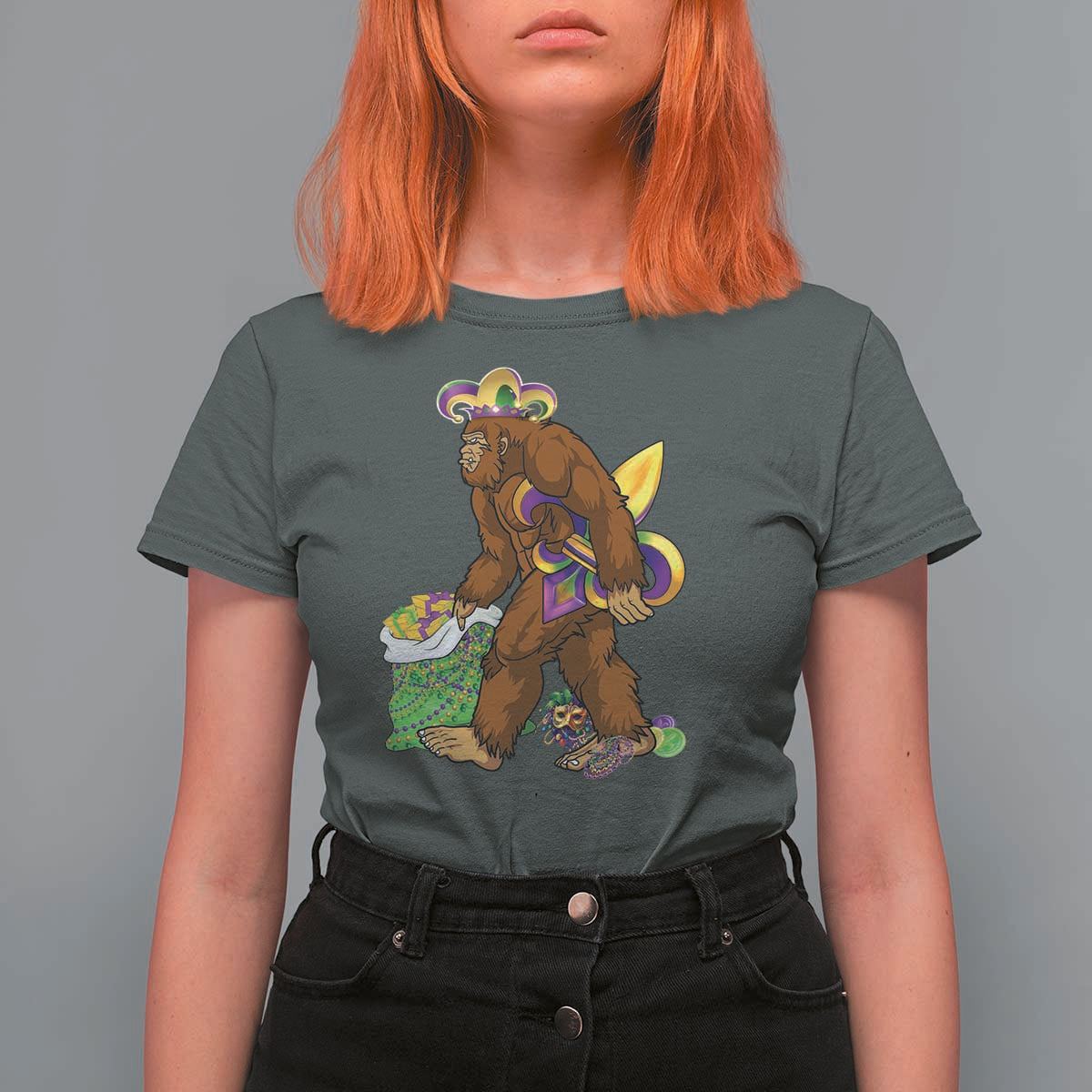 Funny Bigfoot Carnival Mardi Gras Party T Shirt For Women