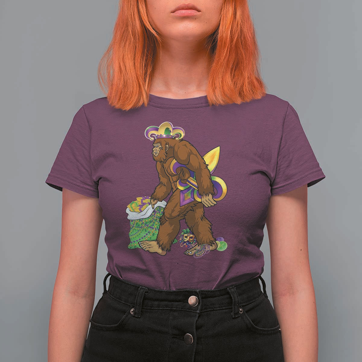 Funny Bigfoot Carnival Mardi Gras Party T Shirt For Women