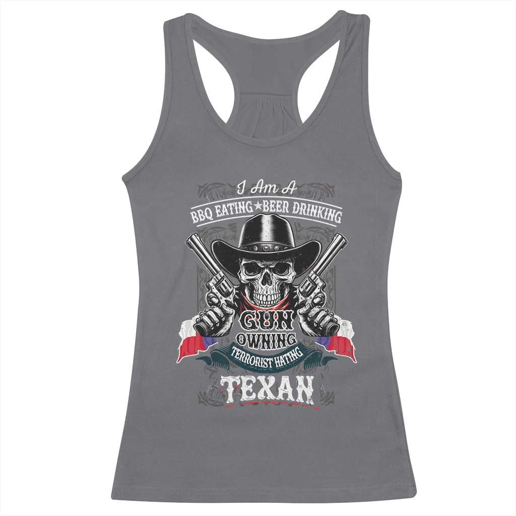Funny American Texan Racerback Tank Top I Am A BBQ Eating Beer Drinking Gun Owning Texan