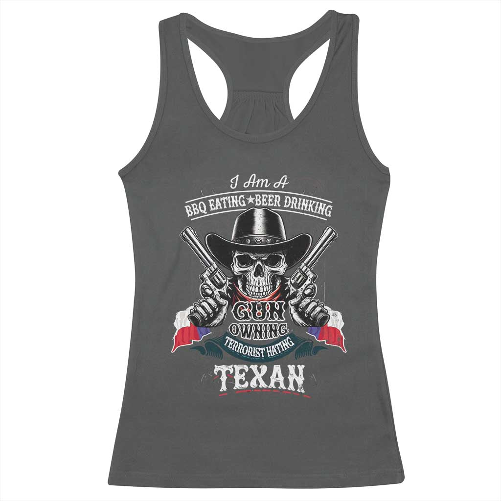 Funny American Texan Racerback Tank Top I Am A BBQ Eating Beer Drinking Gun Owning Texan