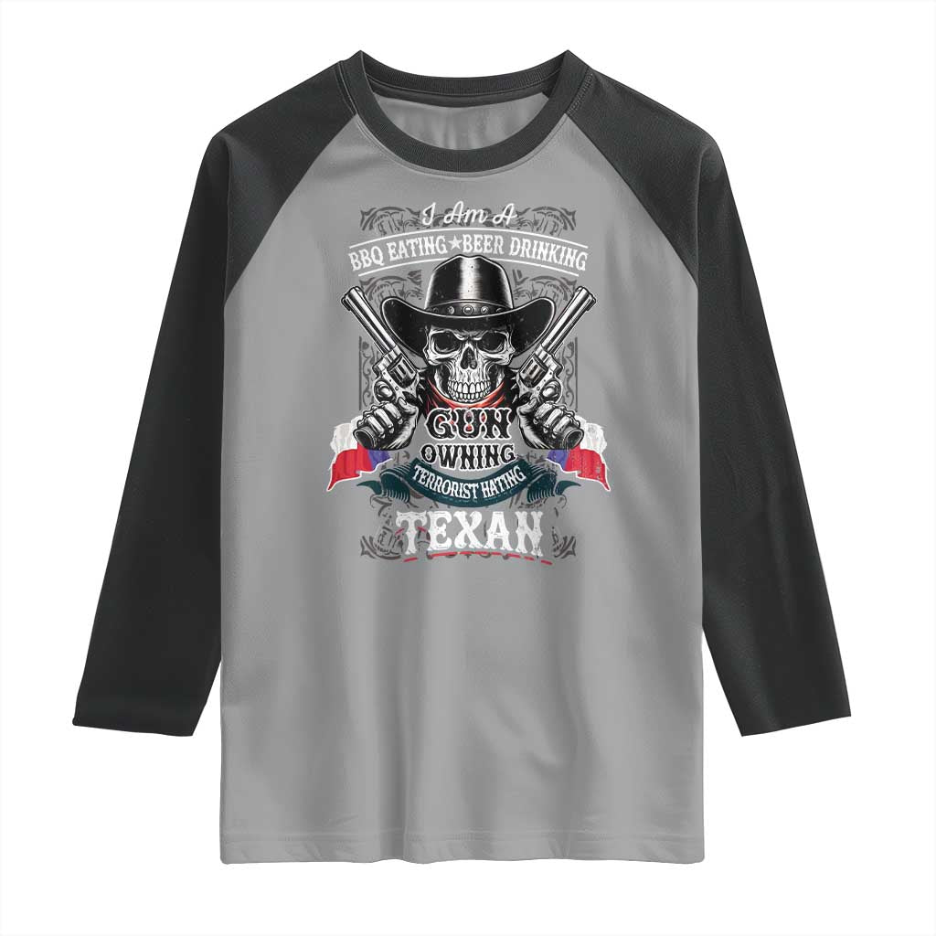 Funny American Texan Raglan Shirt I Am A BBQ Eating Beer Drinking Gun Owning Texan