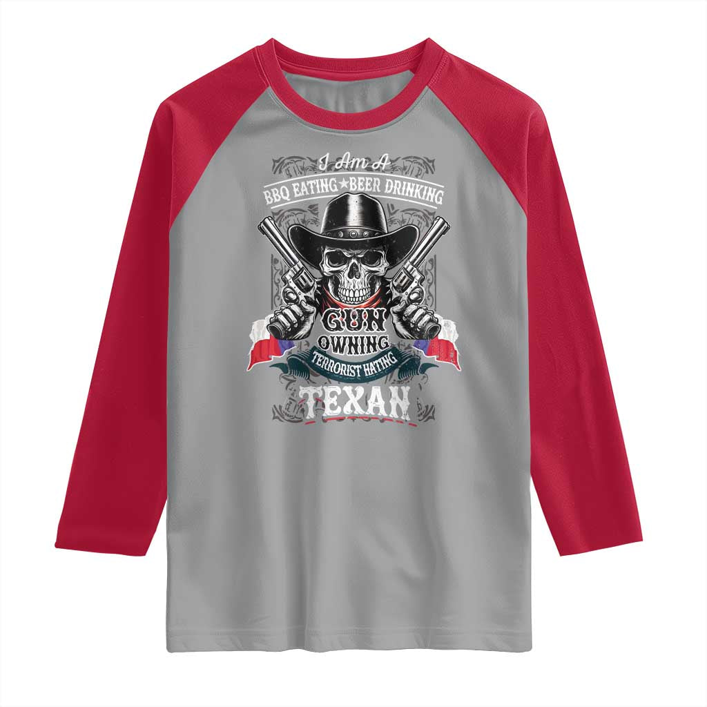 Funny American Texan Raglan Shirt I Am A BBQ Eating Beer Drinking Gun Owning Texan
