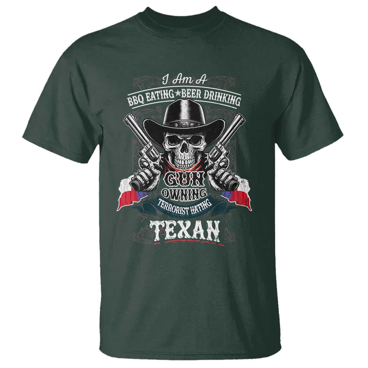 Funny American Texan T Shirt I Am A BBQ Eating Beer Drinking Gun Owning Texan