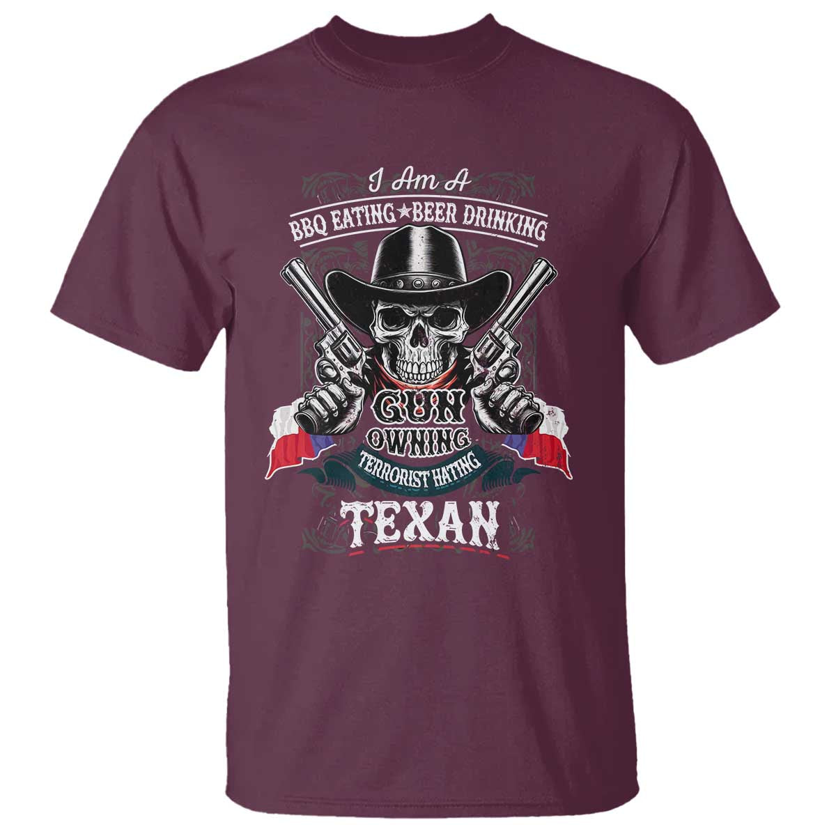 Funny American Texan T Shirt I Am A BBQ Eating Beer Drinking Gun Owning Texan