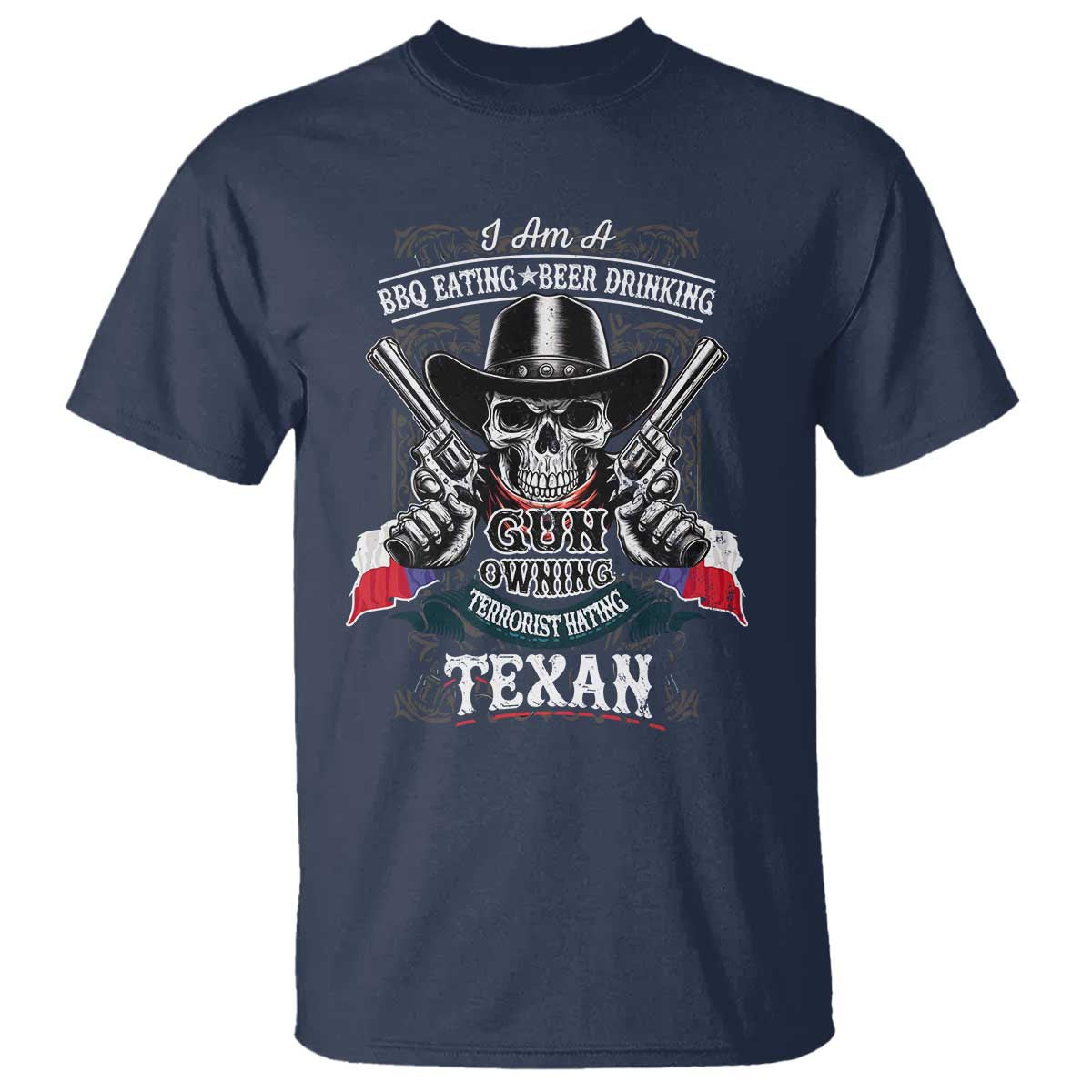 Funny American Texan T Shirt I Am A BBQ Eating Beer Drinking Gun Owning Texan