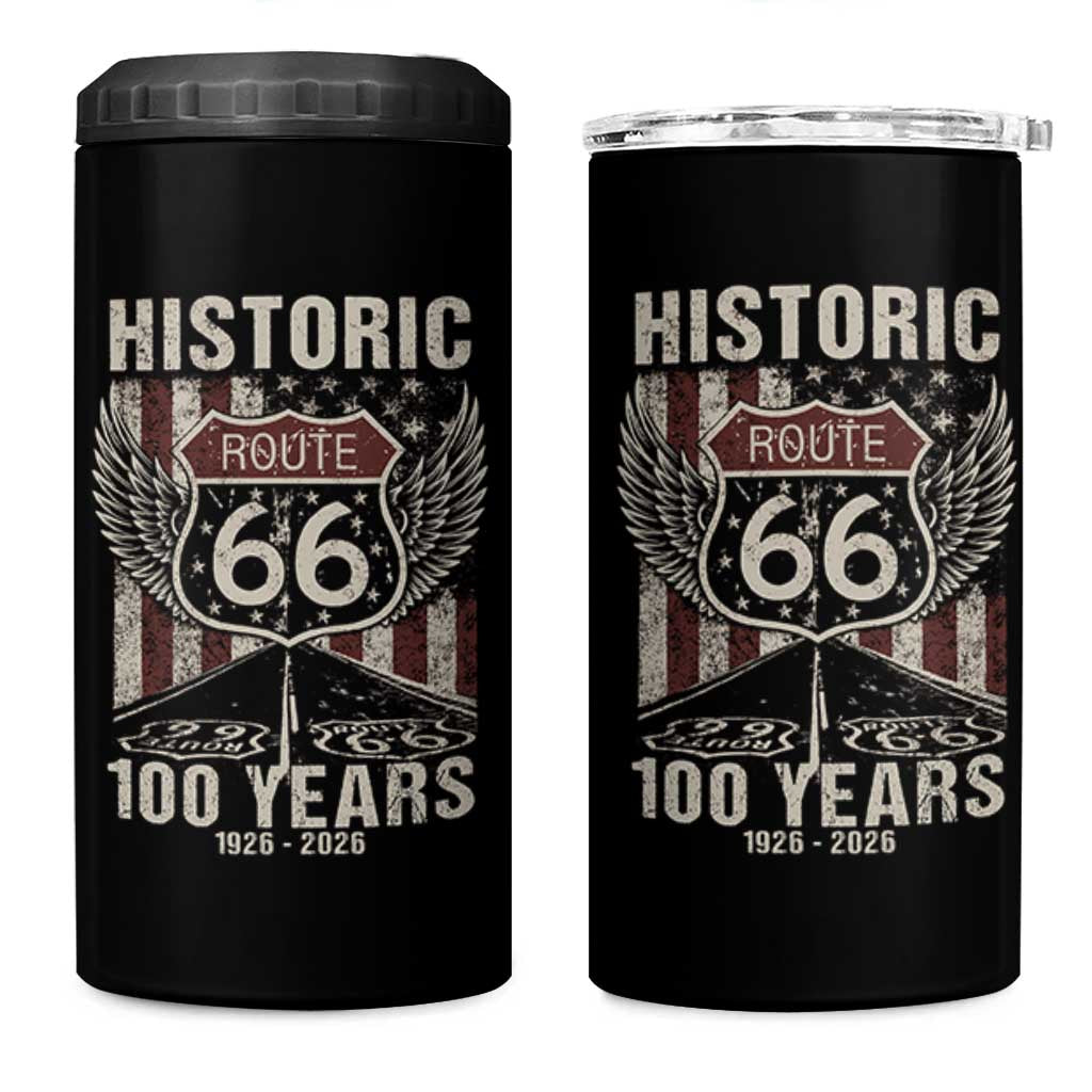 Historic Route Highway 66 100 Years Anniversary 4 in 1 Can Cooler Tumbler Highway Road Sign Wings Vintage American Flag