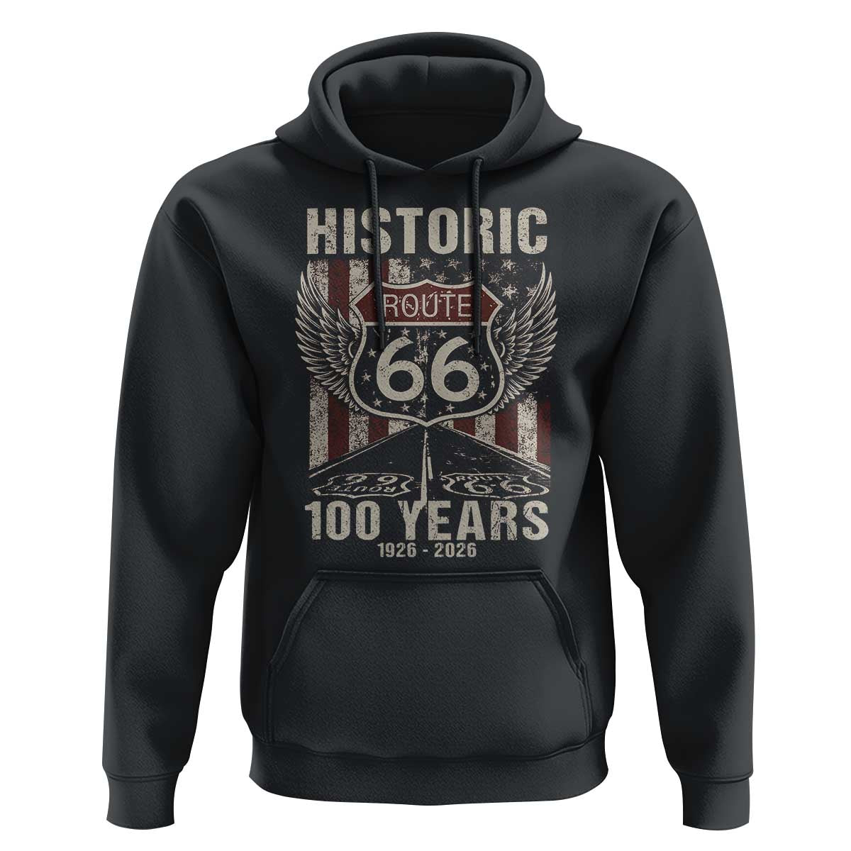 Historic Route Highway 66 100 Years Anniversary Hoodie Highway Road Sign Wings Vintage American Flag