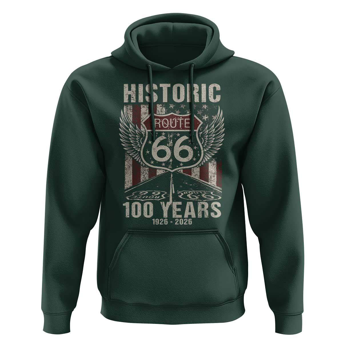 Historic Route Highway 66 100 Years Anniversary Hoodie Highway Road Sign Wings Vintage American Flag