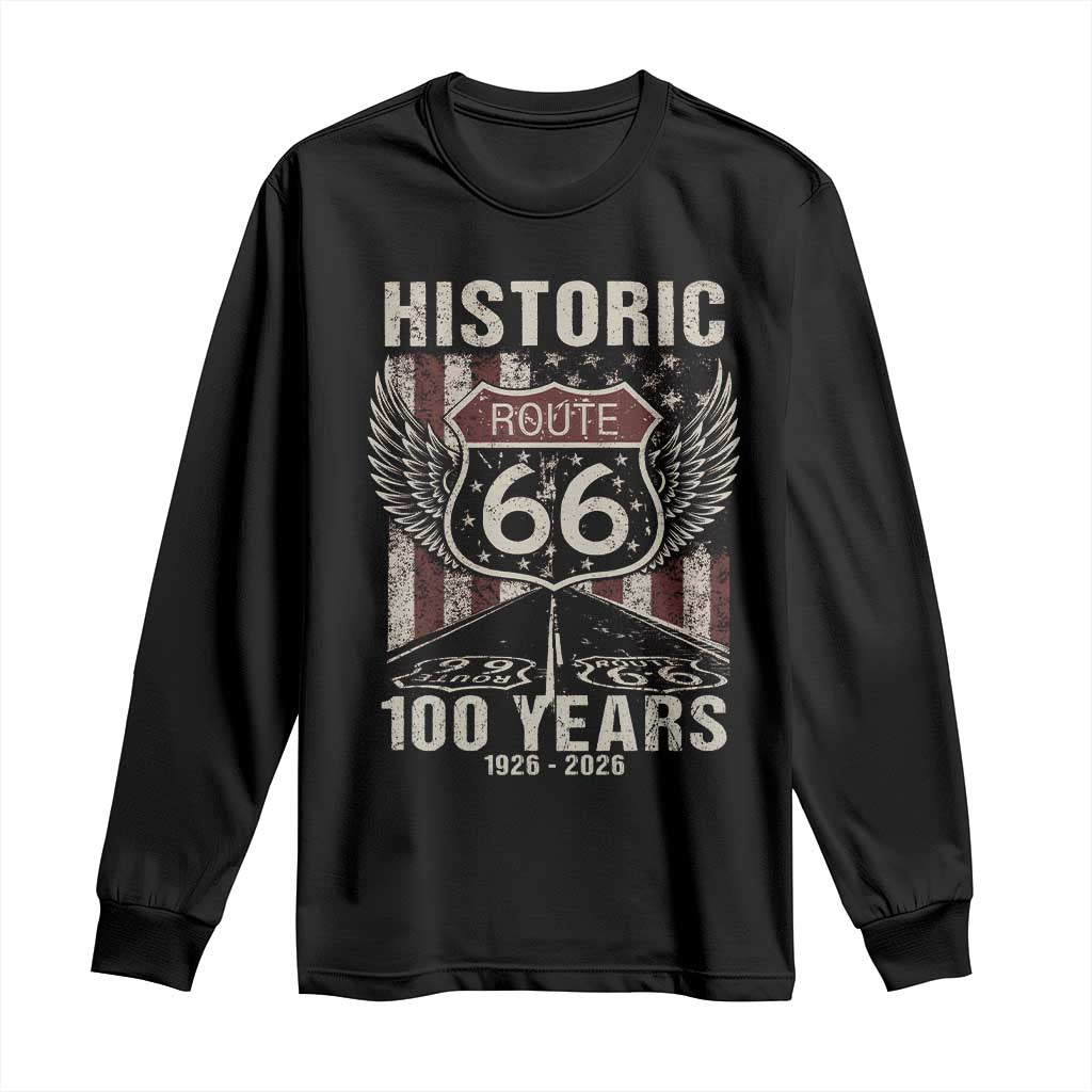 Historic Route Highway 66 100 Years Anniversary Long Sleeve Shirt Highway Road Sign Wings Vintage American Flag