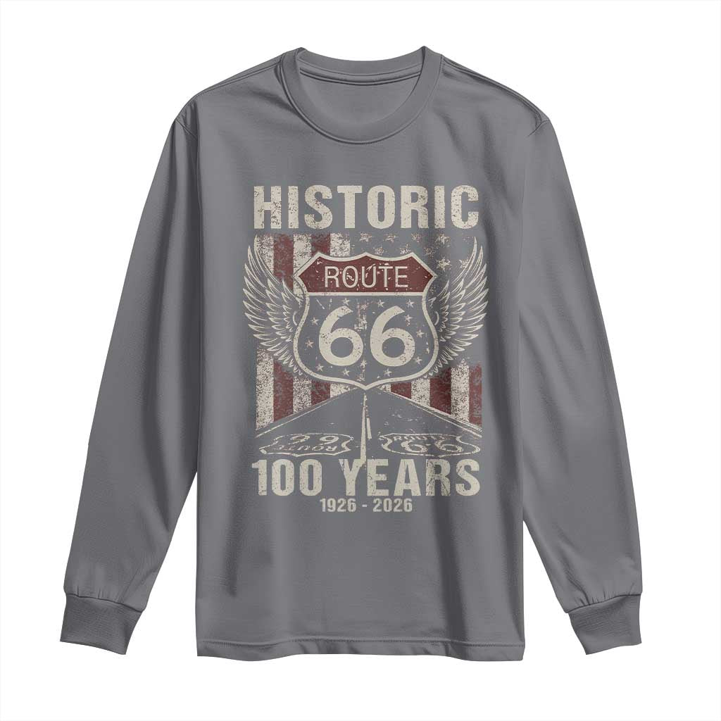 Historic Route Highway 66 100 Years Anniversary Long Sleeve Shirt Highway Road Sign Wings Vintage American Flag