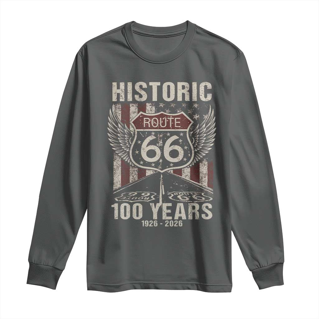 Historic Route Highway 66 100 Years Anniversary Long Sleeve Shirt Highway Road Sign Wings Vintage American Flag