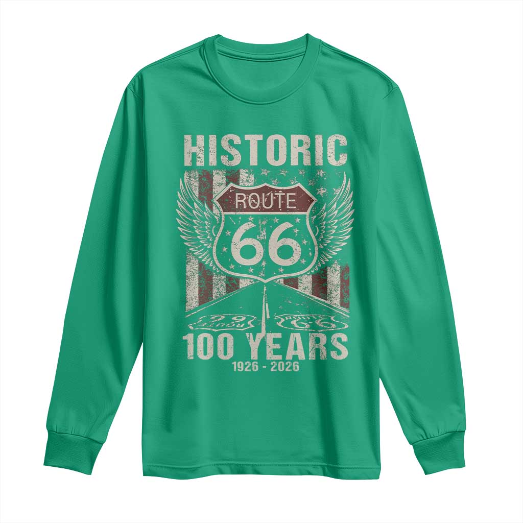 Historic Route Highway 66 100 Years Anniversary Long Sleeve Shirt Highway Road Sign Wings Vintage American Flag