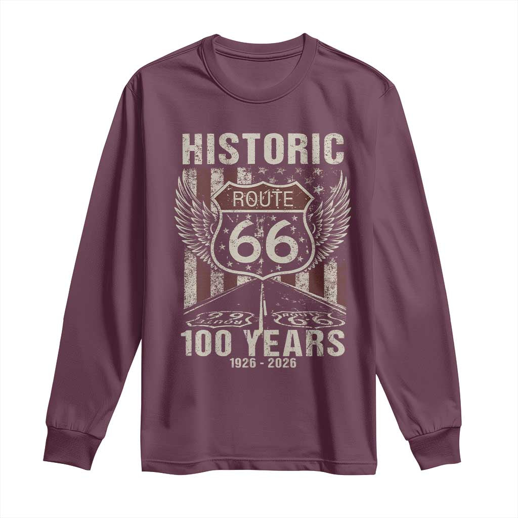 Historic Route Highway 66 100 Years Anniversary Long Sleeve Shirt Highway Road Sign Wings Vintage American Flag