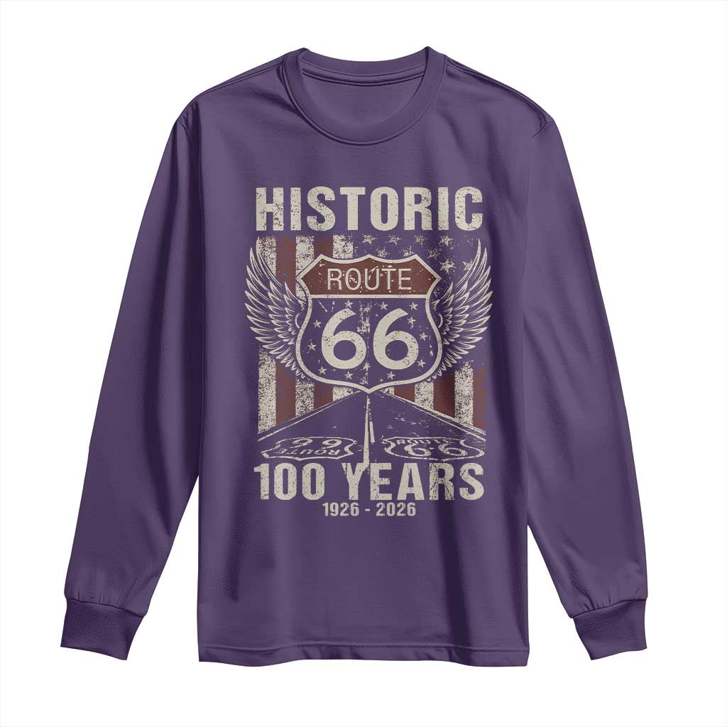 Historic Route Highway 66 100 Years Anniversary Long Sleeve Shirt Highway Road Sign Wings Vintage American Flag