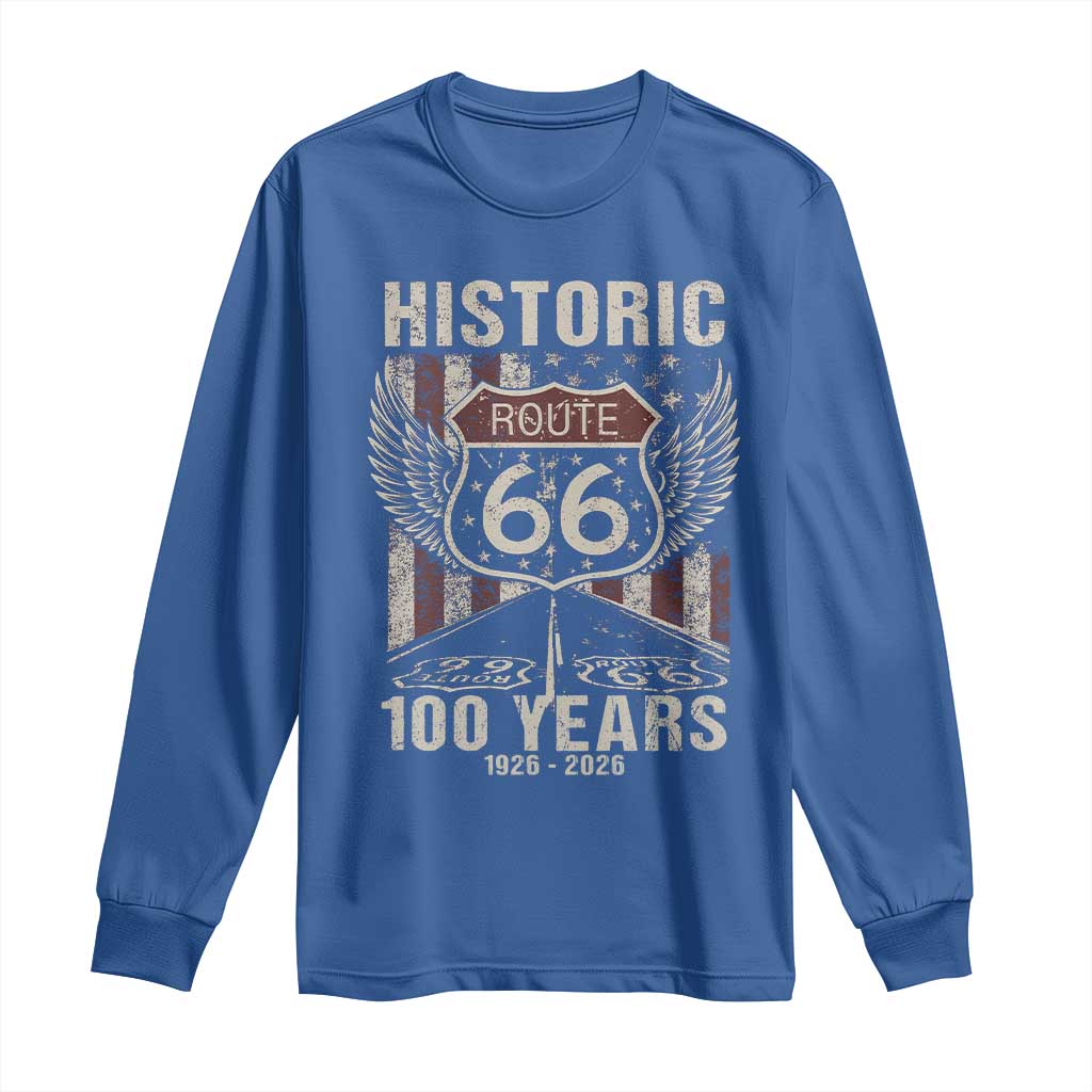 Historic Route Highway 66 100 Years Anniversary Long Sleeve Shirt Highway Road Sign Wings Vintage American Flag