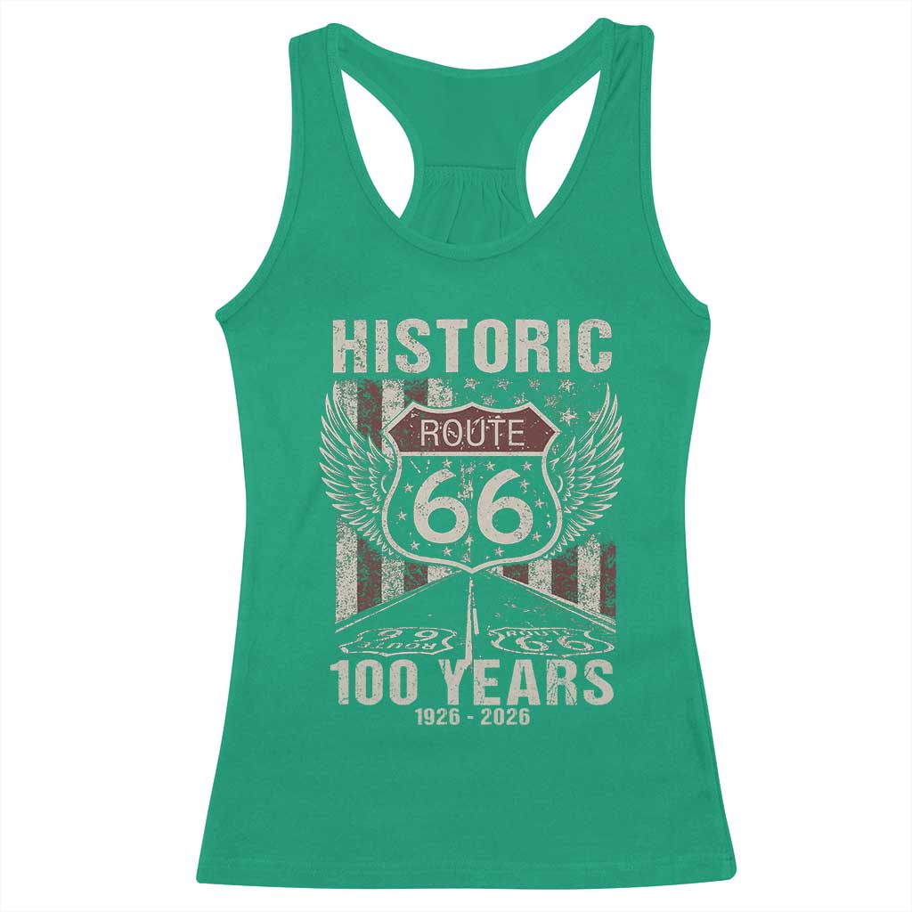 Historic Route Highway 66 100 Years Anniversary Racerback Tank Top Highway Road Sign Wings Vintage American Flag