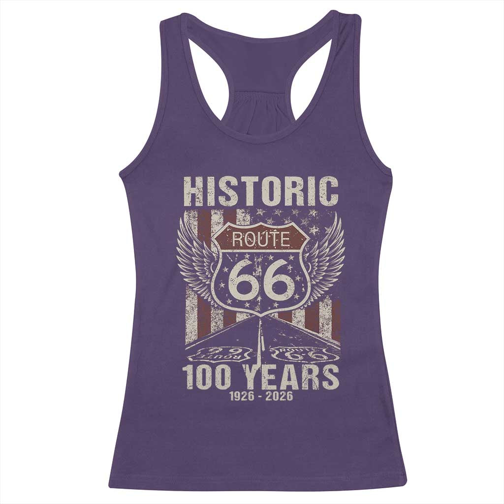 Historic Route Highway 66 100 Years Anniversary Racerback Tank Top Highway Road Sign Wings Vintage American Flag