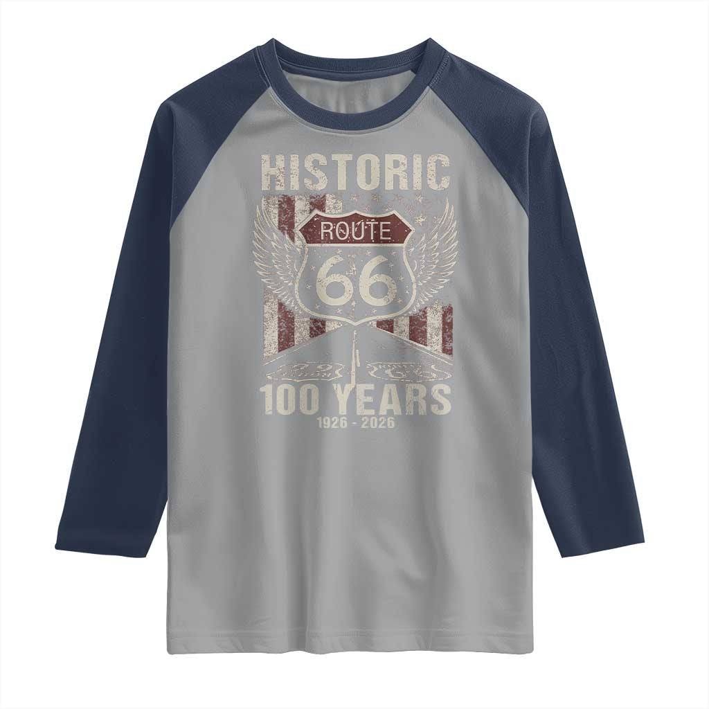 Historic Route Highway 66 100 Years Anniversary Raglan Shirt Highway Road Sign Wings Vintage American Flag