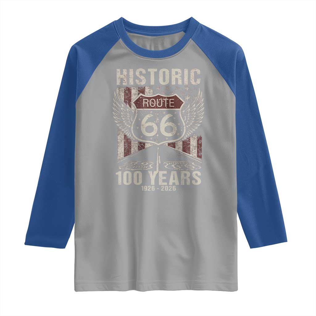 Historic Route Highway 66 100 Years Anniversary Raglan Shirt Highway Road Sign Wings Vintage American Flag