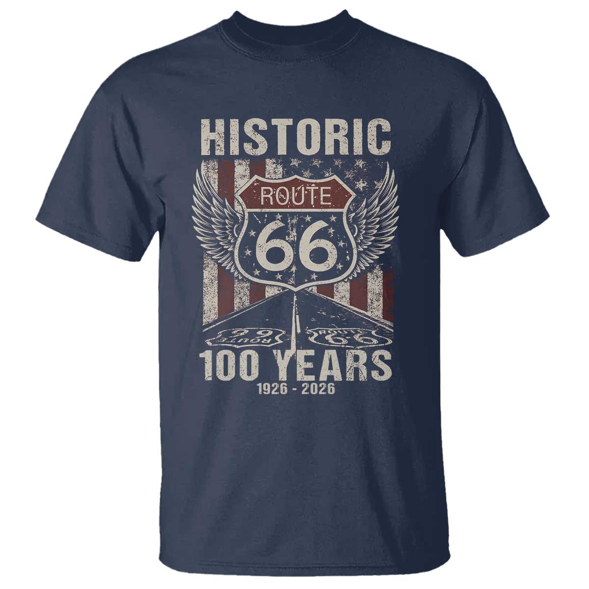 Historic Route Highway 66 100 Years Anniversary T Shirt Highway Road Sign Wings Vintage American Flag