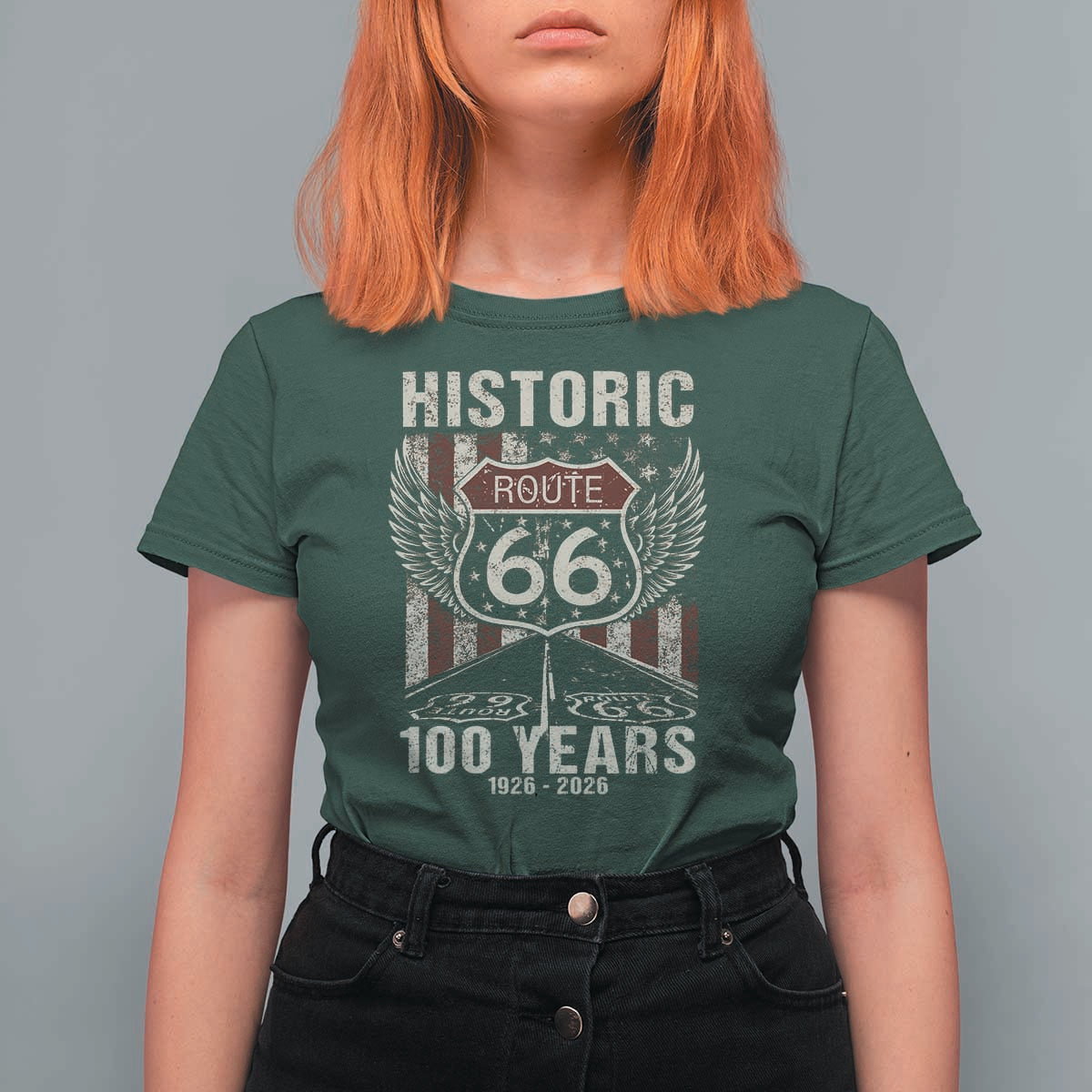 Historic Route Highway 66 100 Years Anniversary T Shirt For Women Highway Road Sign Wings Vintage American Flag