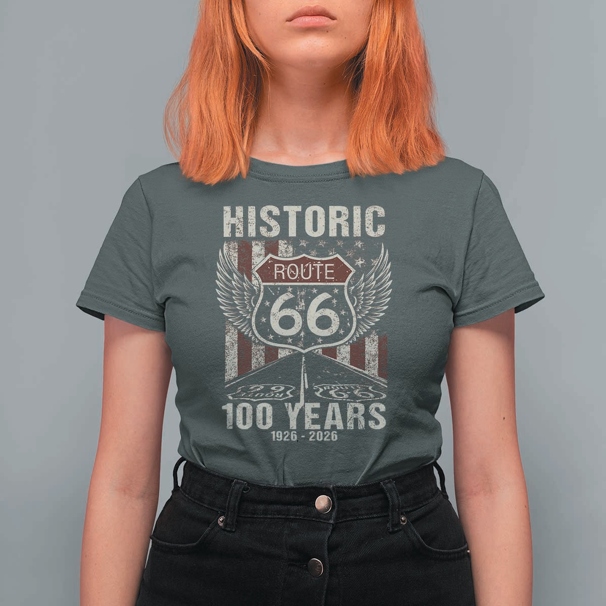 Historic Route Highway 66 100 Years Anniversary T Shirt For Women Highway Road Sign Wings Vintage American Flag