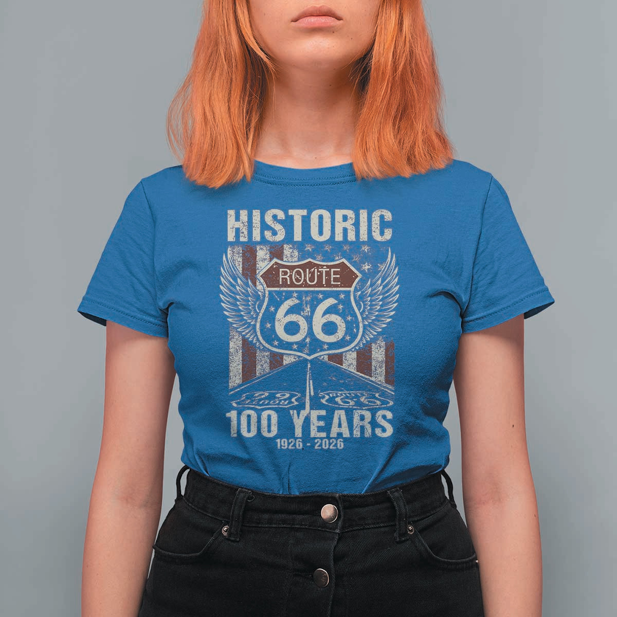 Historic Route Highway 66 100 Years Anniversary T Shirt For Women Highway Road Sign Wings Vintage American Flag