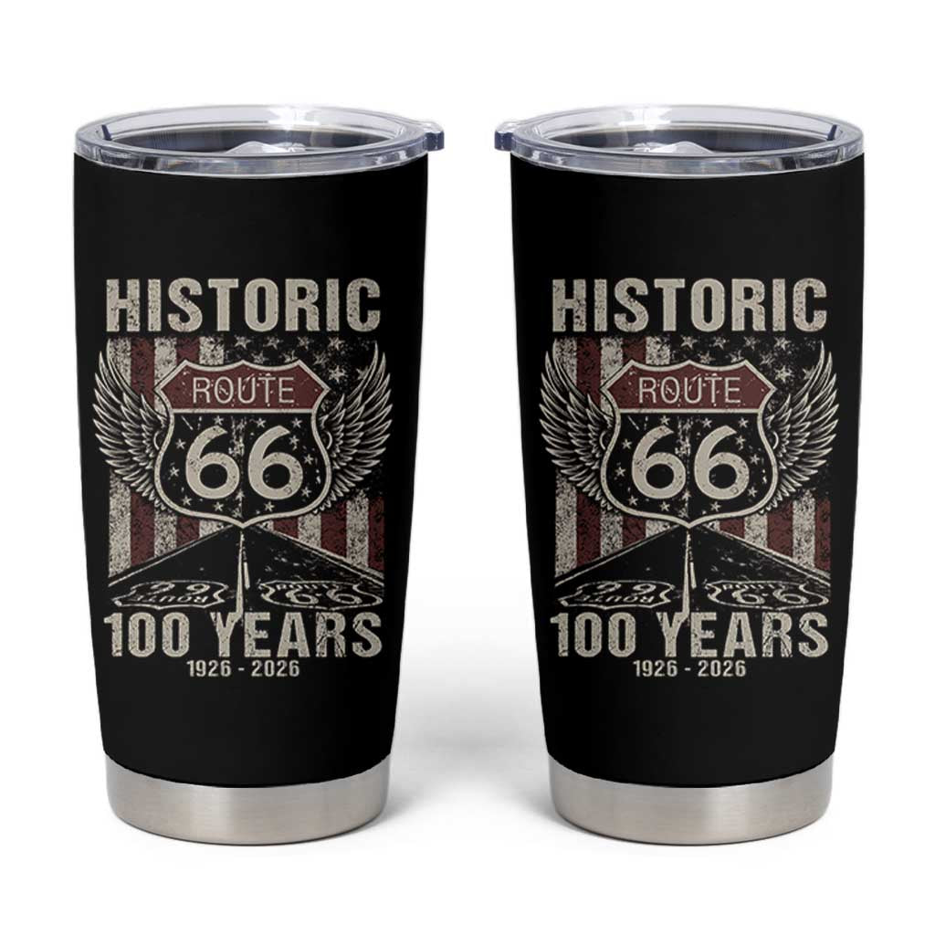 Historic Route Highway 66 100 Years Anniversary Tumbler Cup Highway Road Sign Wings Vintage American Flag